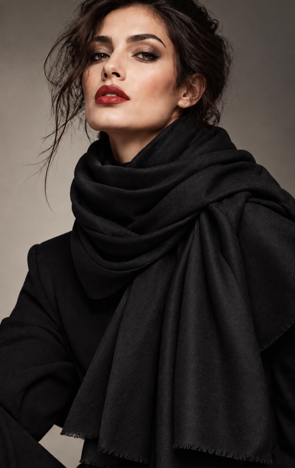 A woman wearing a large black shawl and black coat against a neutral gray studio background.