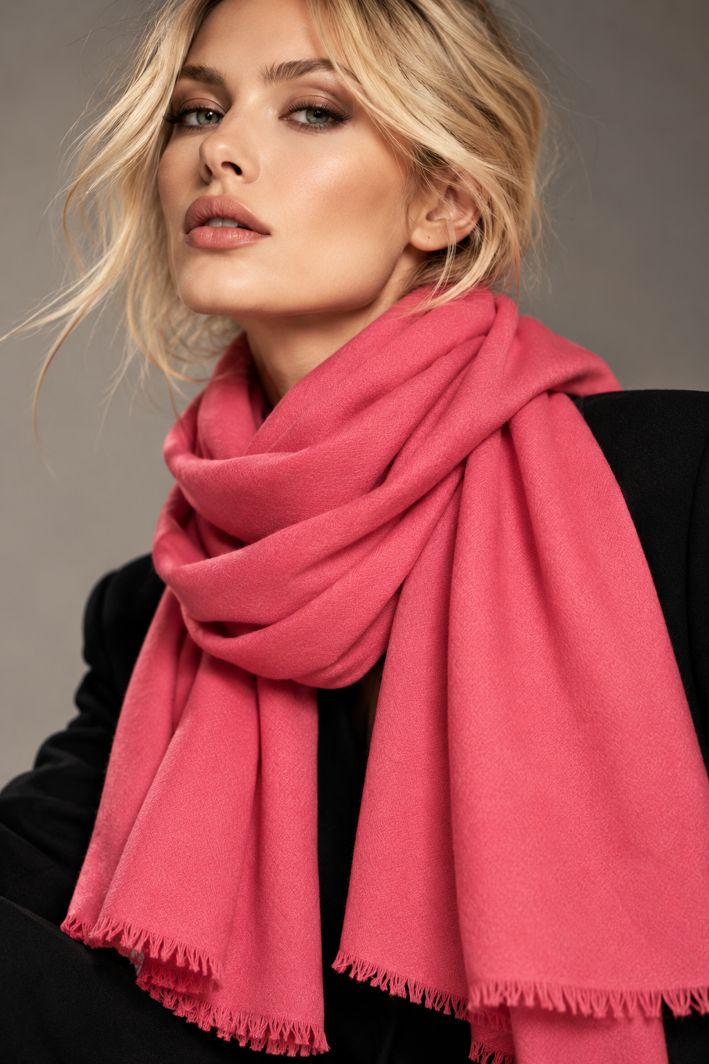 A close-up of a woman wearing a soft, vibrant pink scarf with fringed edges over a black coat, set against a neutral gray studio background.