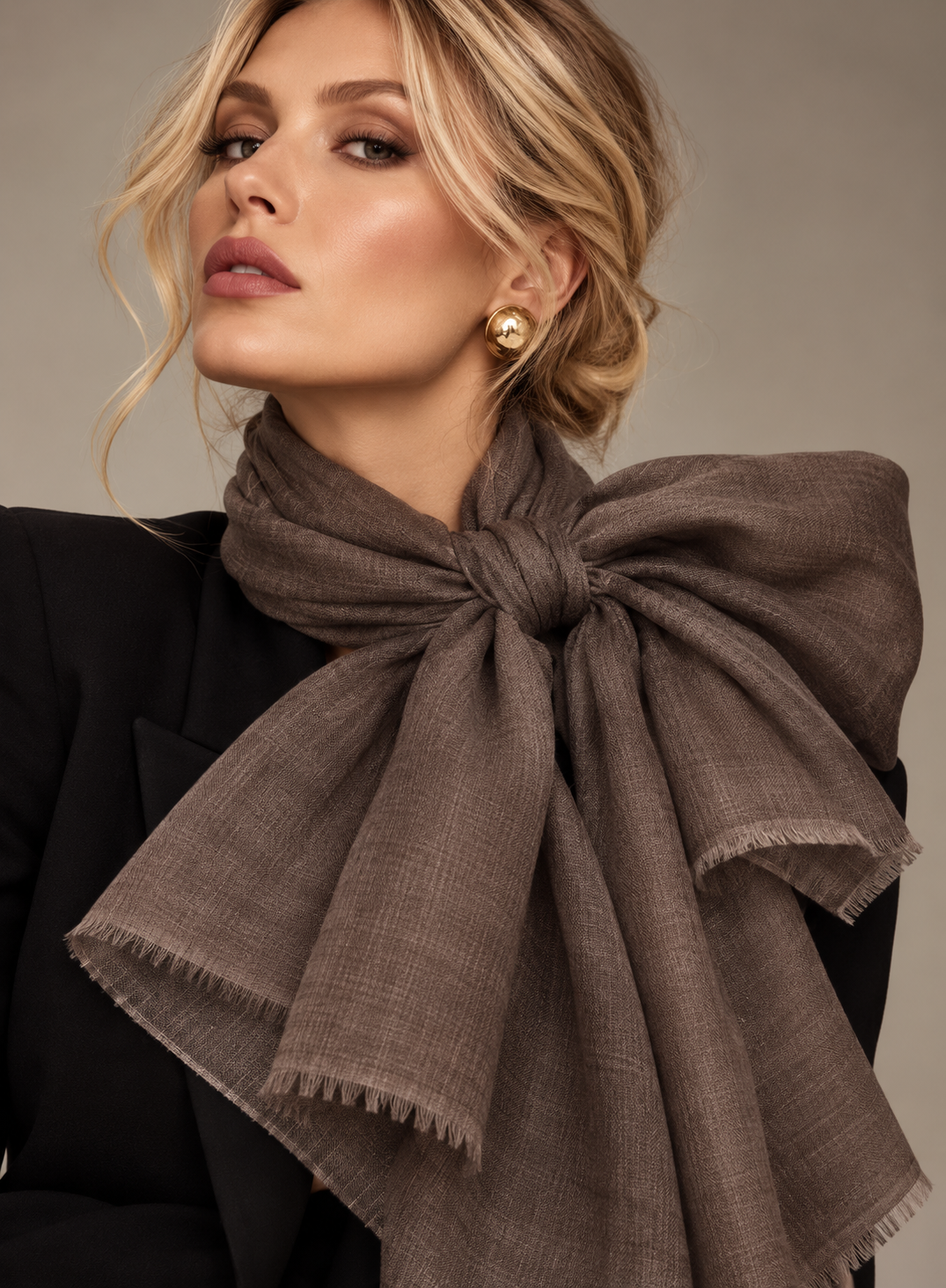 A close-up of a woman wearing a large, oversized knotted scarf in a taupe-brown color, styled with a black blazer and gold stud earrings against a neutral gray background.