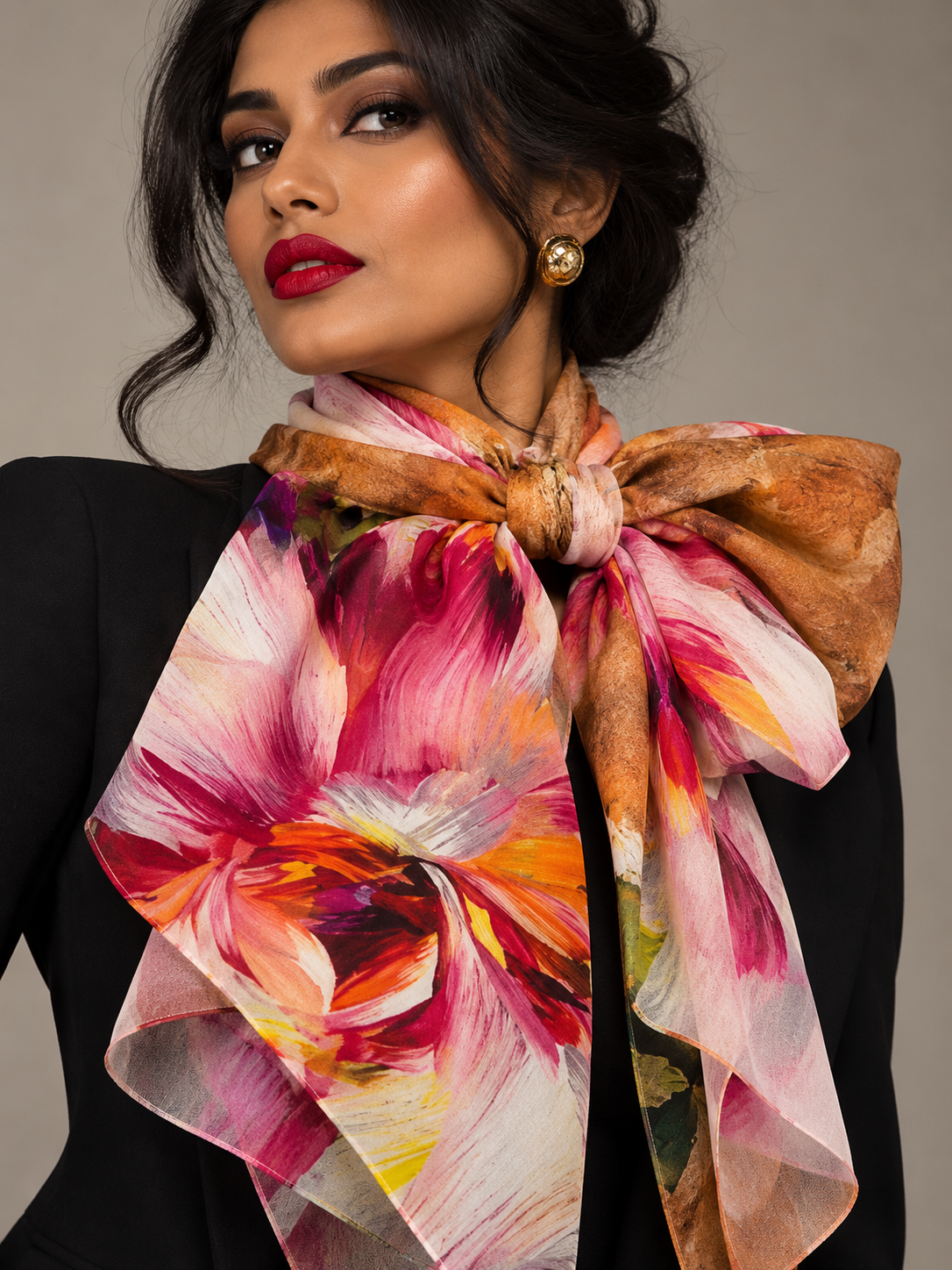 A woman wearing a large bow-tied silk scarf with a vibrant floral print in pink, red, orange, and white, styled with a black blazer against a neutral gray background.
