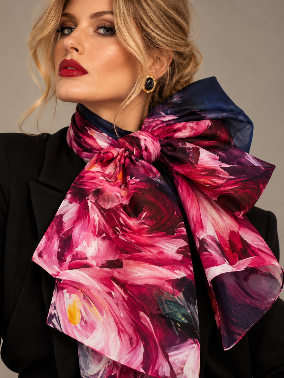 A close-up of a model wearing a large, knotted silk scarf with a vibrant pink, purple, and red floral painterly pattern, styled with a black blazer.