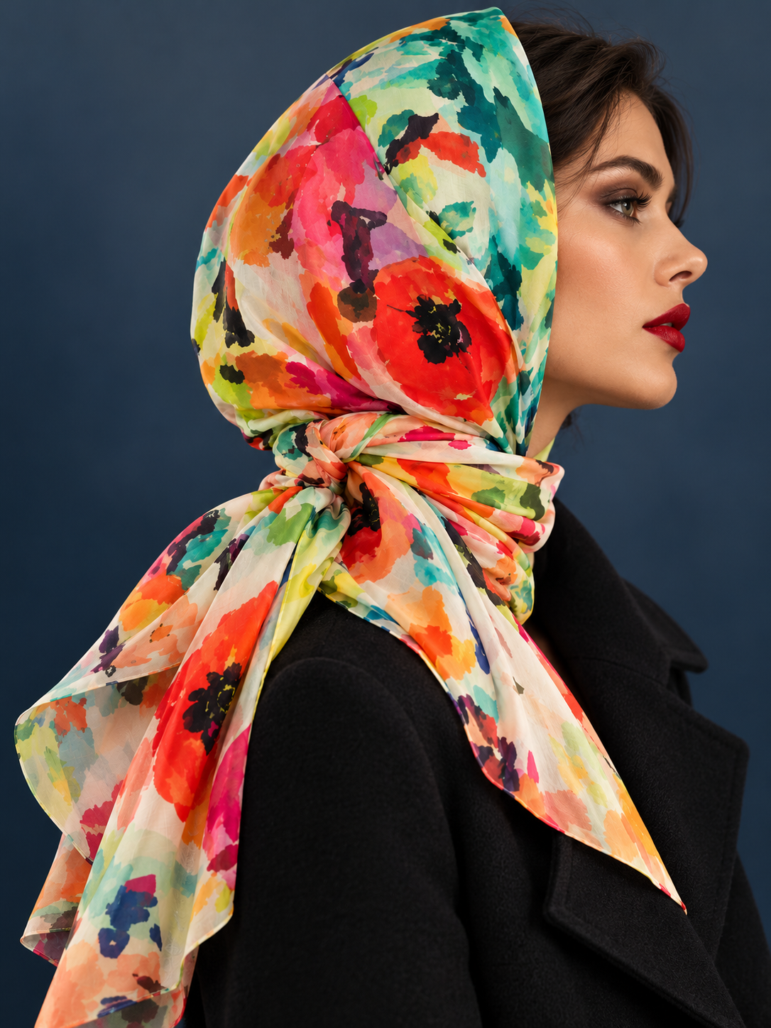 Handwoven cashmere scarf worn by model