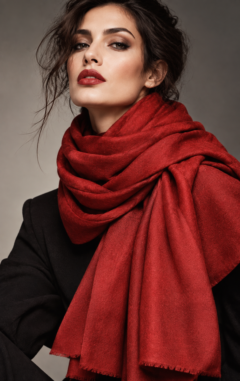 A woman wearing a rich, deep red scarf and a black coat, captured in a close-up portrait against a neutral gray studio background.