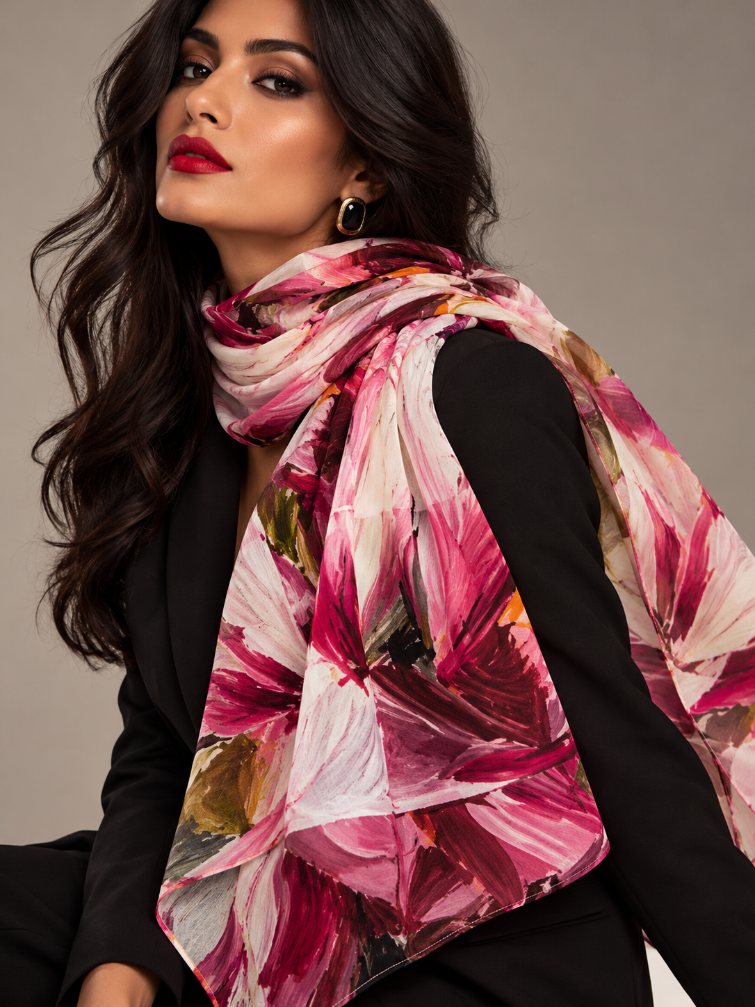 A woman wearing a black blazer and a large floral scarf with pink, magenta, white, and brown painterly brushstrokes, posed against a neutral gray studio background.