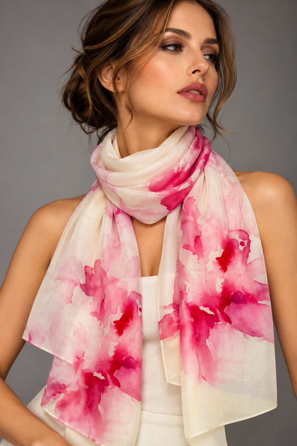 A woman wearing a lightweight cream scarf with a vibrant pink and magenta watercolor floral print, styled around her neck against a solid gray studio background.