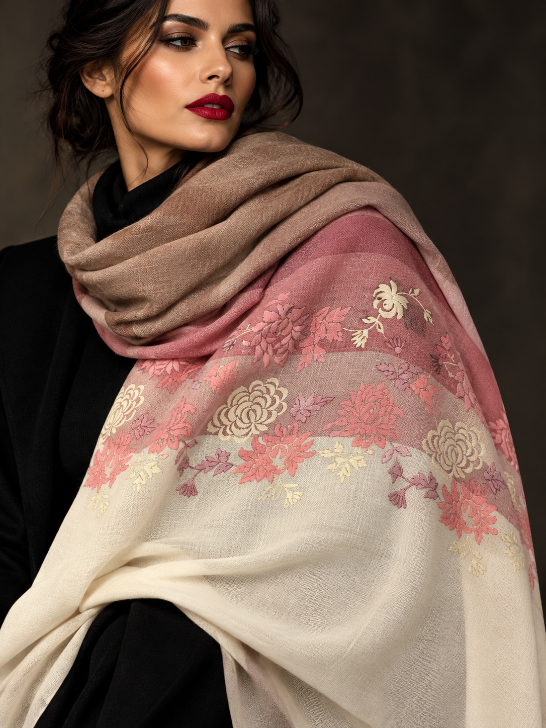 Wool embroidered shawl worn by model