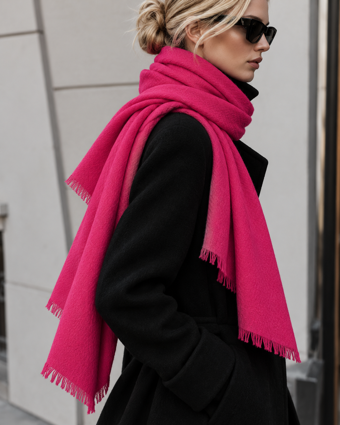 A woman in a black coat and sunglasses models a bright magenta pink scarf with fringed edges against a light gray building background.