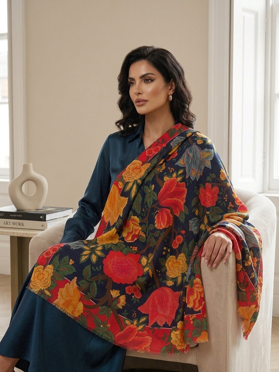 Floral fine wool scarf