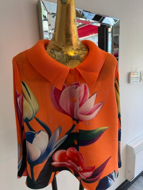 Orange pleated floral blouse