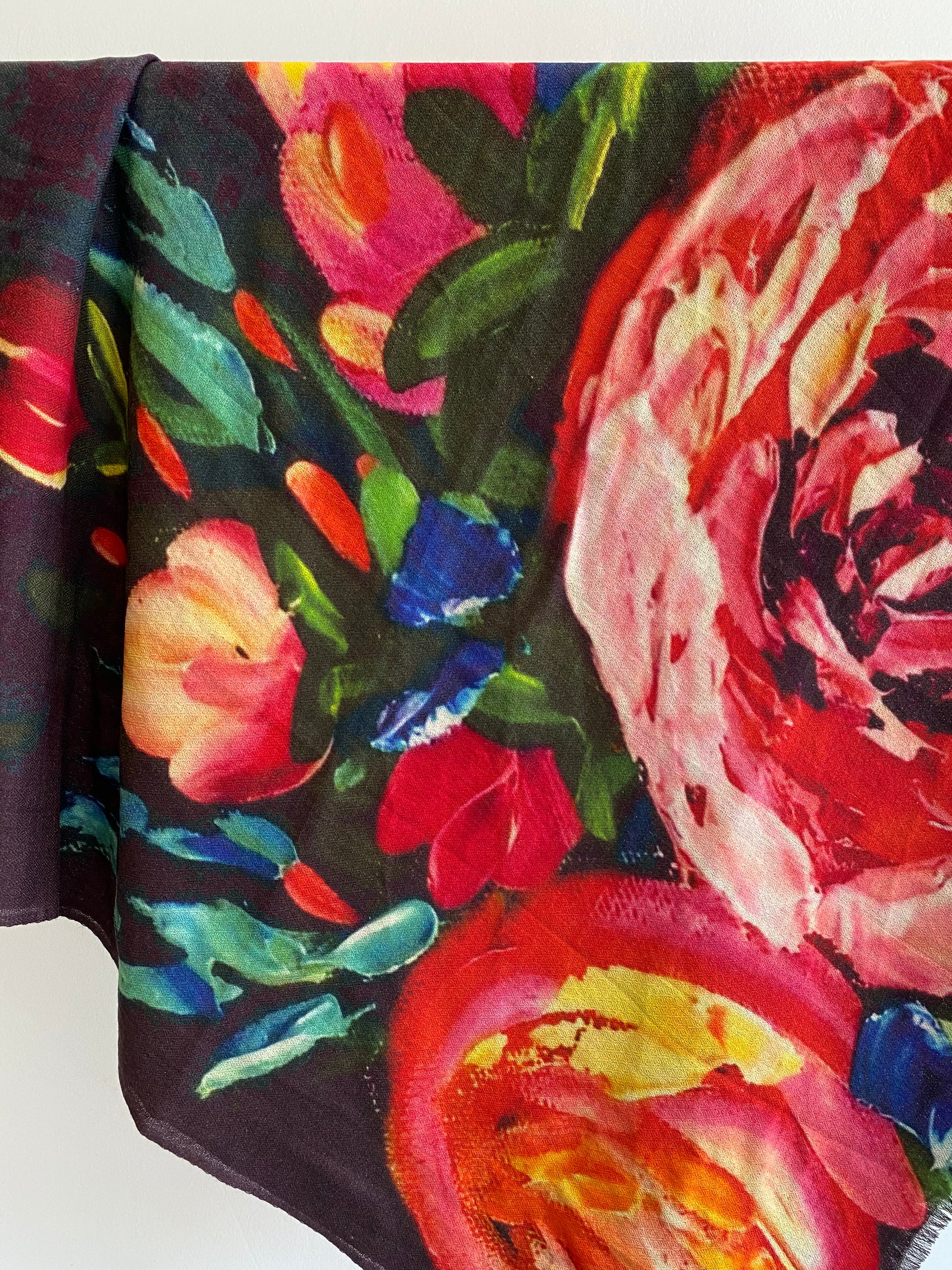 Printed cashmere shawl showing premium drape