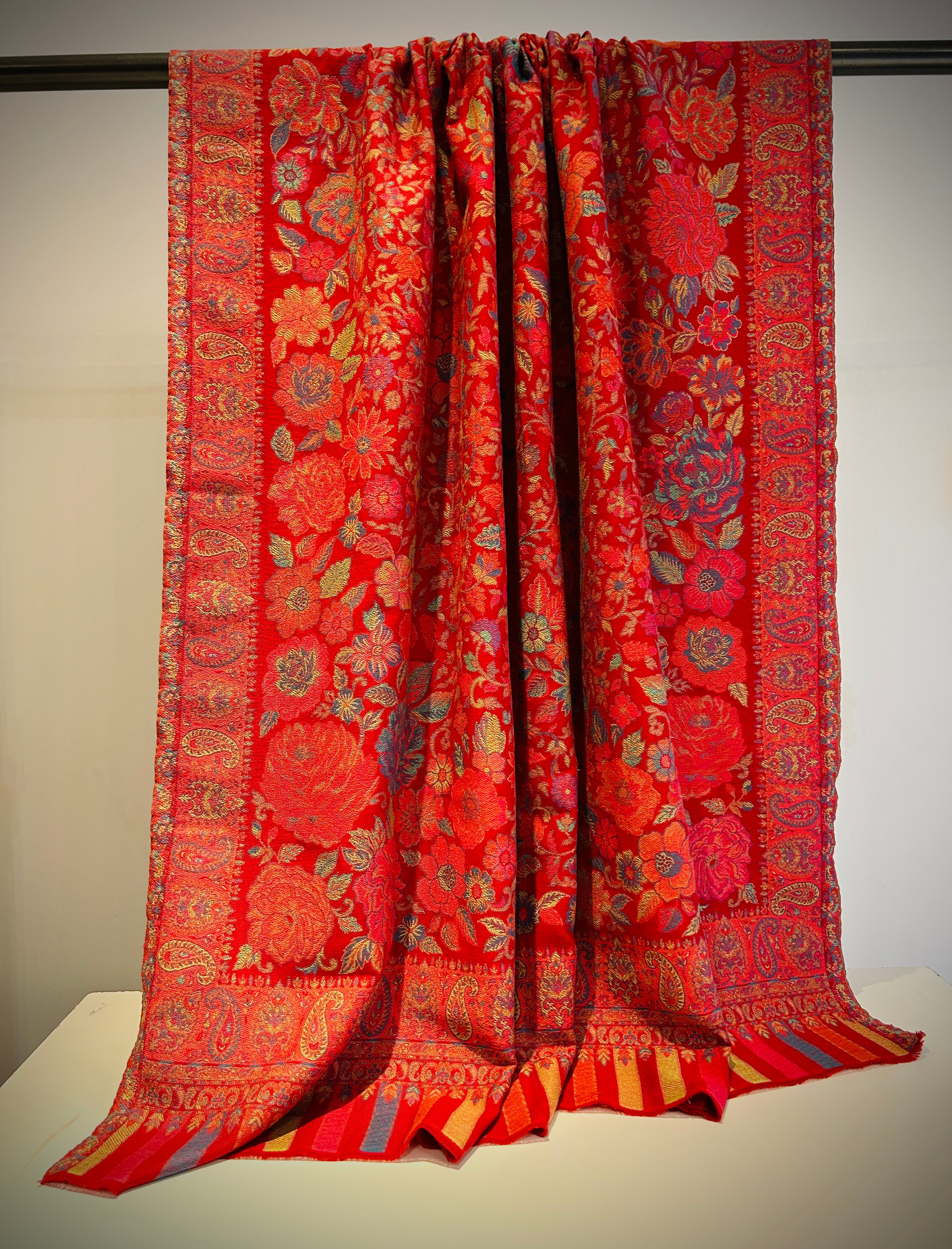 Hand-woven floral wool shawl with intricate botanical pattern - artisan craftsmanship
