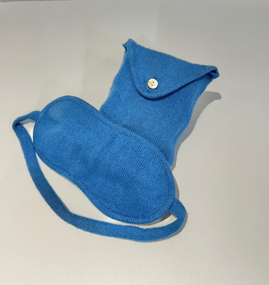 Cashmere sleep mask showing adjustable strap and fit