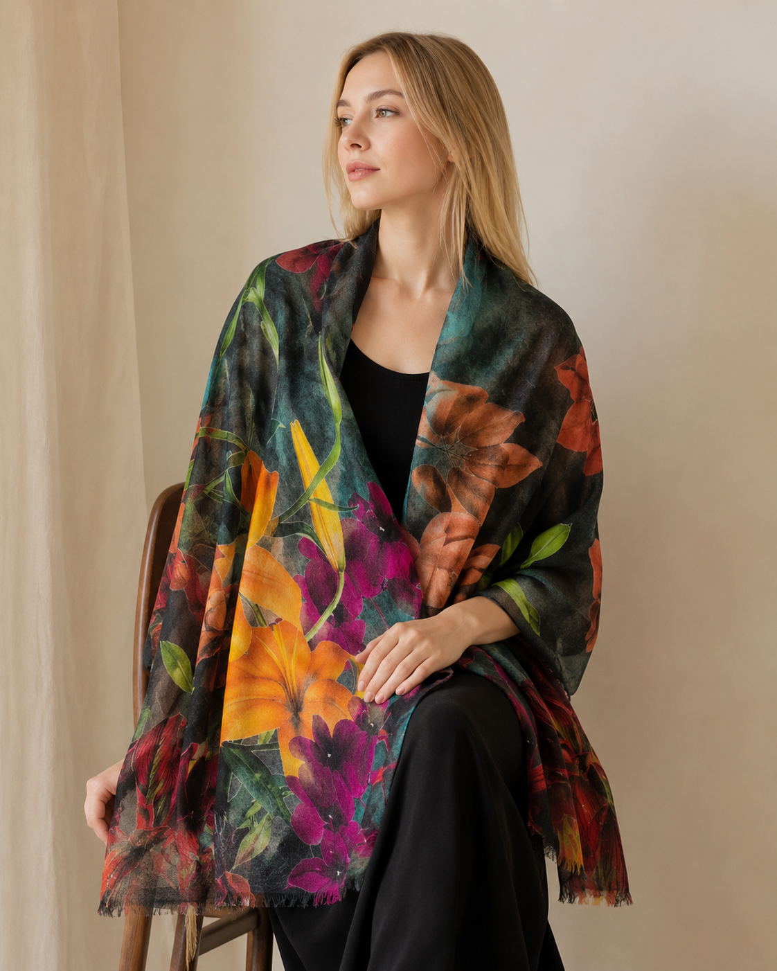 A woman seated on a wooden chair wearing a large, multicolored floral shawl over a black outfit, set against a neutral beige background.