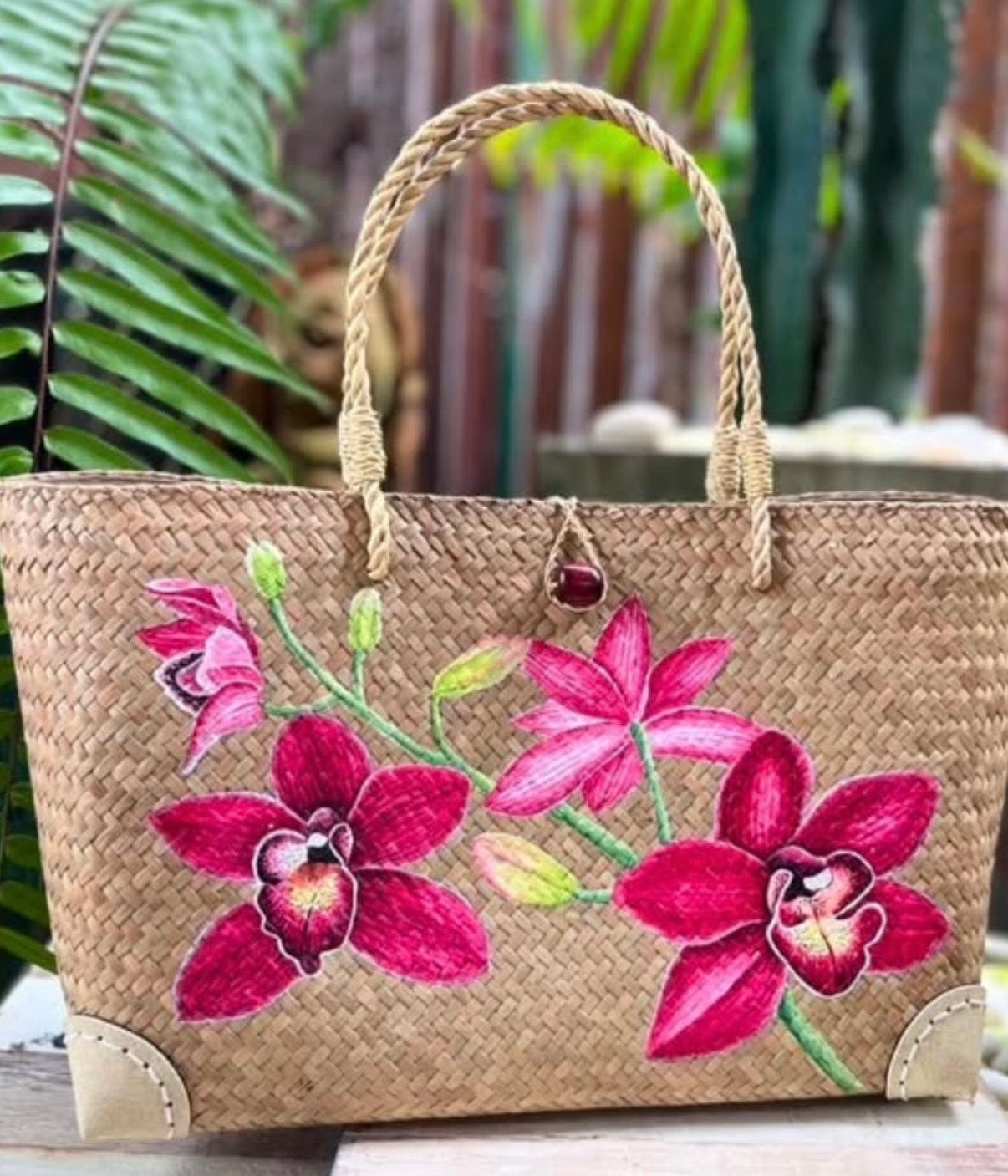 Pink orchid hand painted handbag