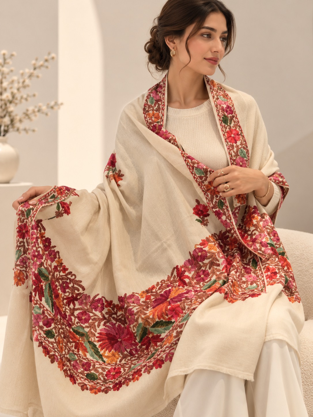 A woman seated indoors wearing a large cream shawl or wrap with wide, ornate floral borders in red, pink, orange, green, and purple. The shawl is the product and is shown draped over her shoulders and arms, with one hand lifting a corner to display the pattern.
