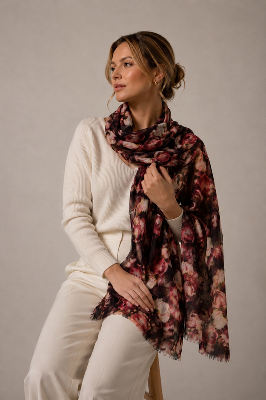 A woman wearing a cream-colored sweater and trousers is shown from the waist up, draped with a large, lightweight floral scarf. The scarf features a dark background with large pink, burgundy, and red floral patterns and fringed edges, set against a plain, warm gray studio backdrop.
