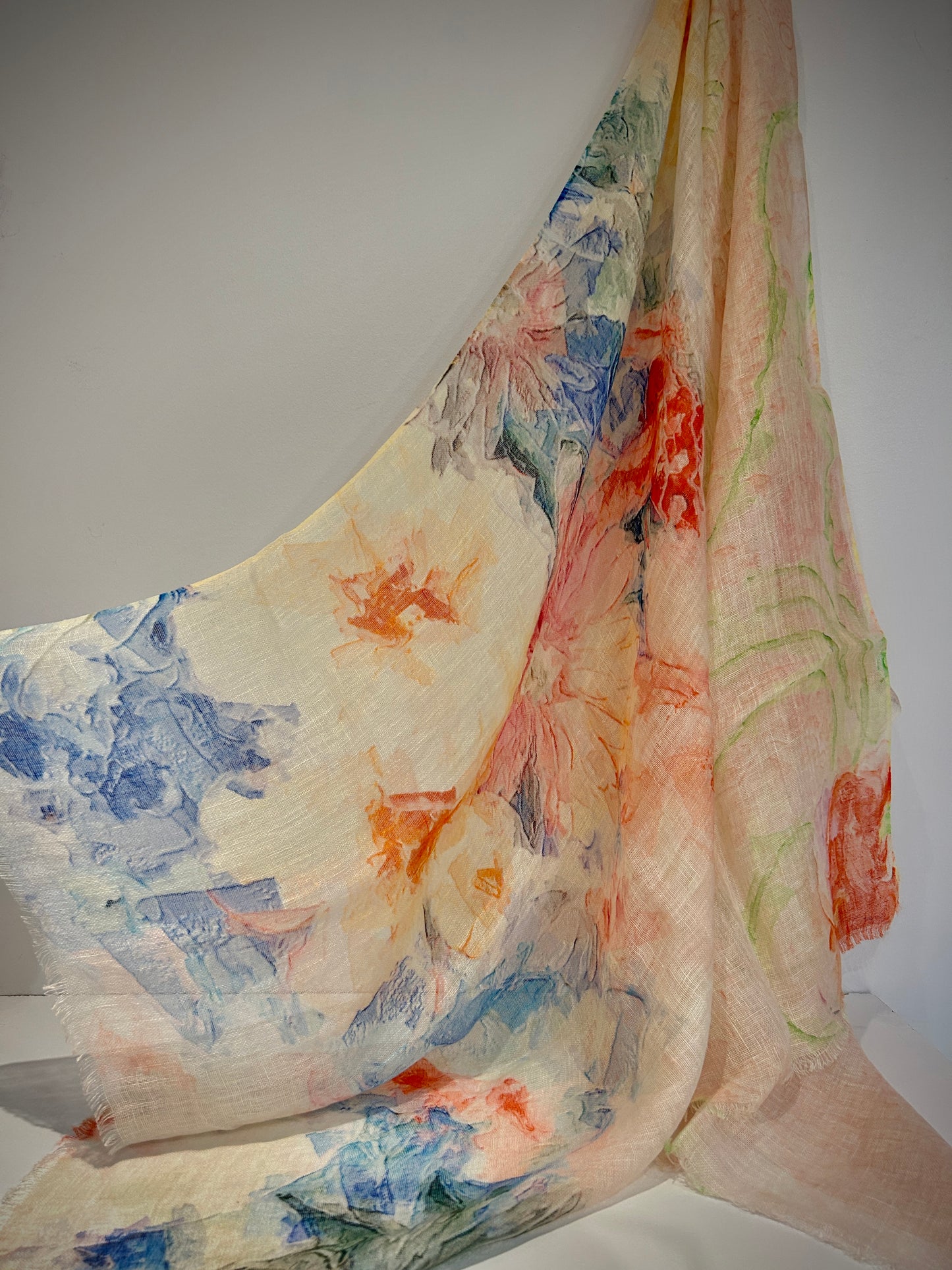 Linen scarf in pretty pastel floral pattern