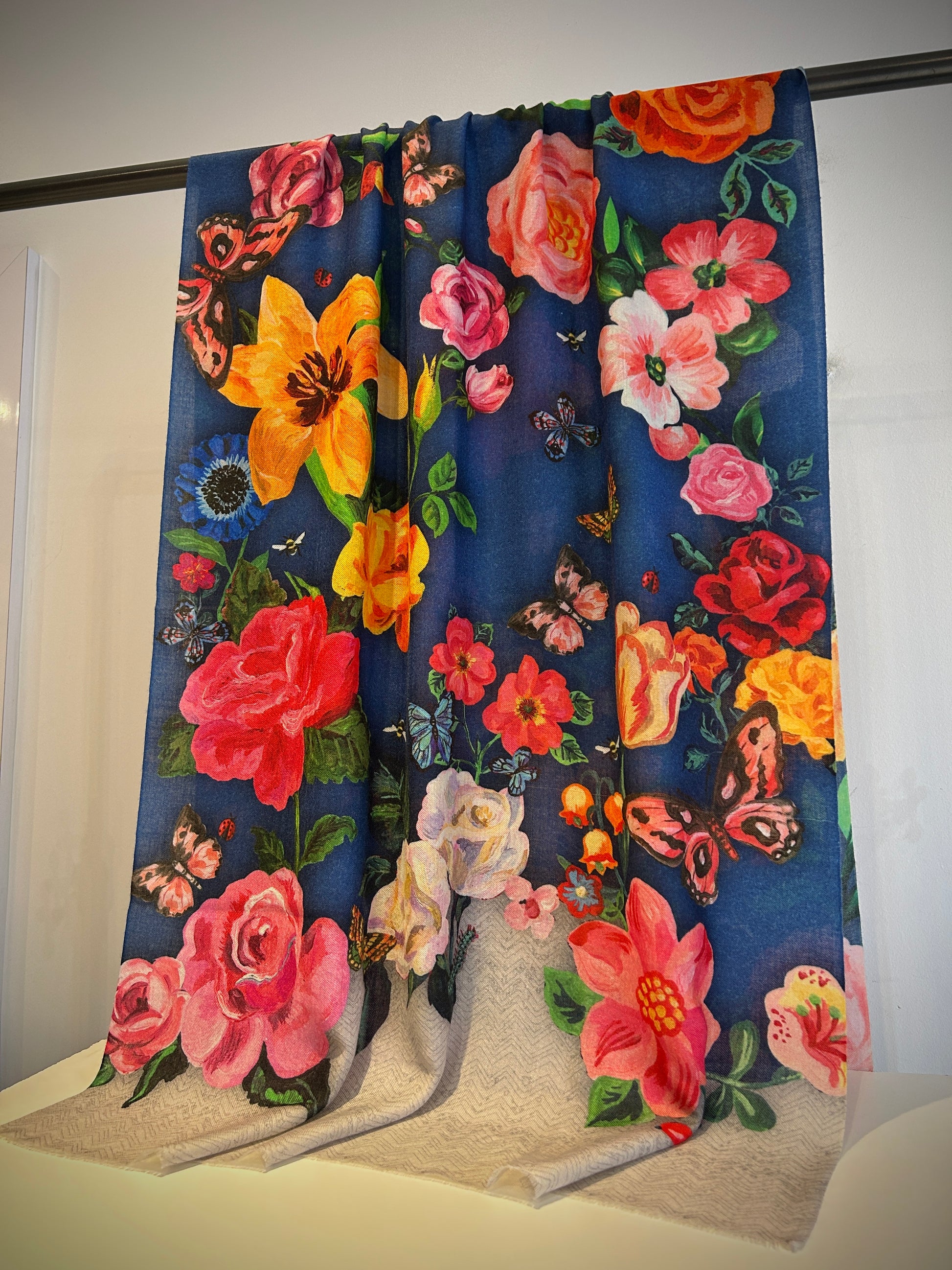 Floral shawl with blue base 