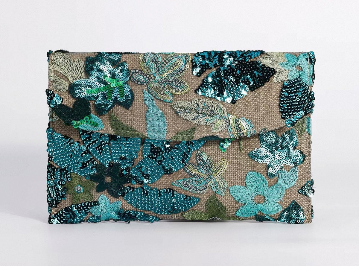 Blue sequin clutch