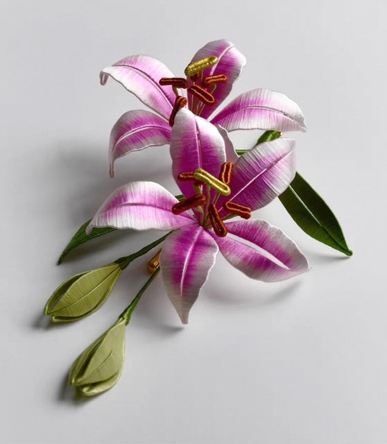 Pink lily flower with green leaves on a light gray background