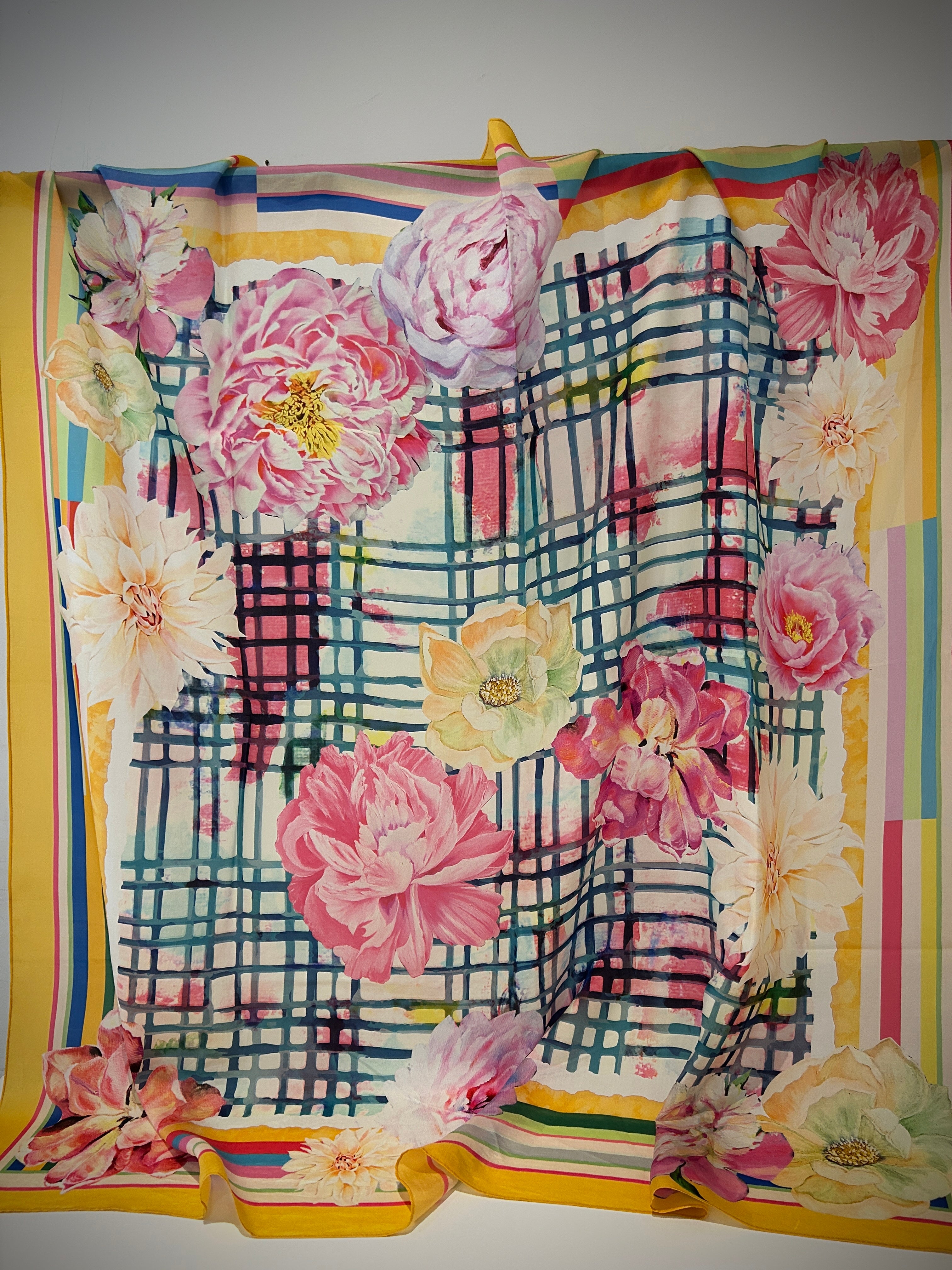 Floral silk scarf in yellow and pinks