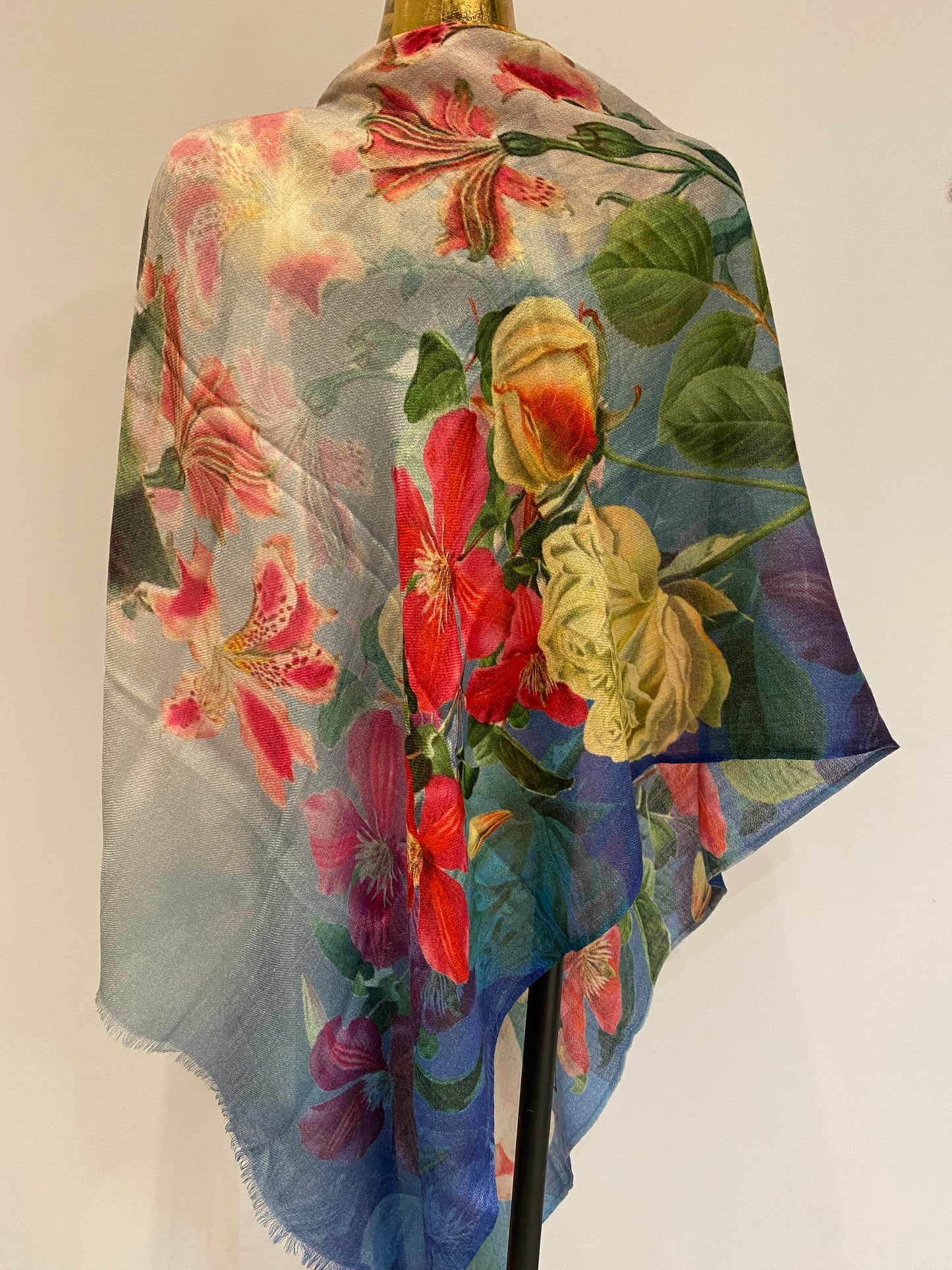 Floral scarf draped elegantly - exquisite woven craftsmanship