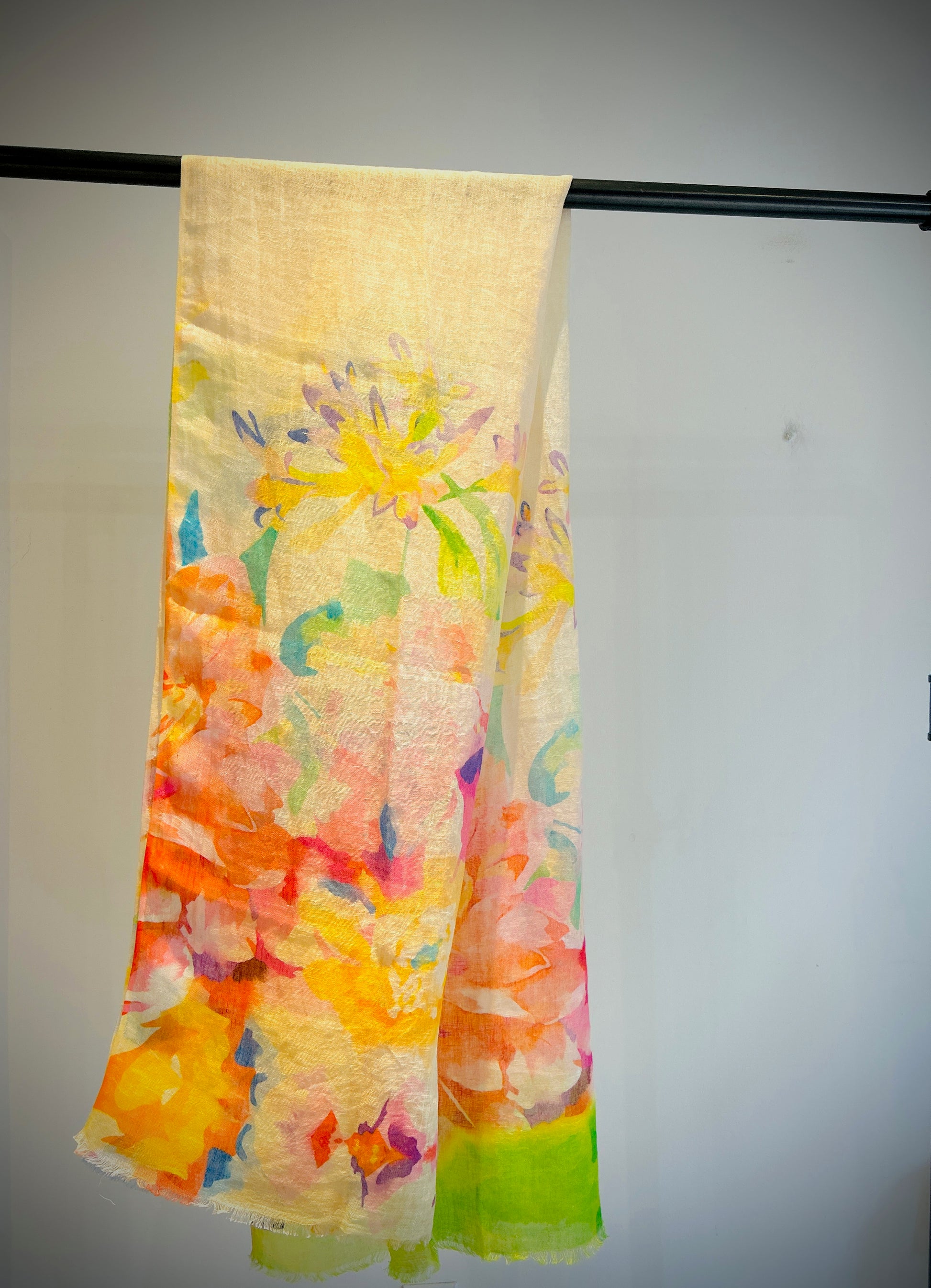 Linen printed scarf with intricate botanical pattern - lightweight summer luxury