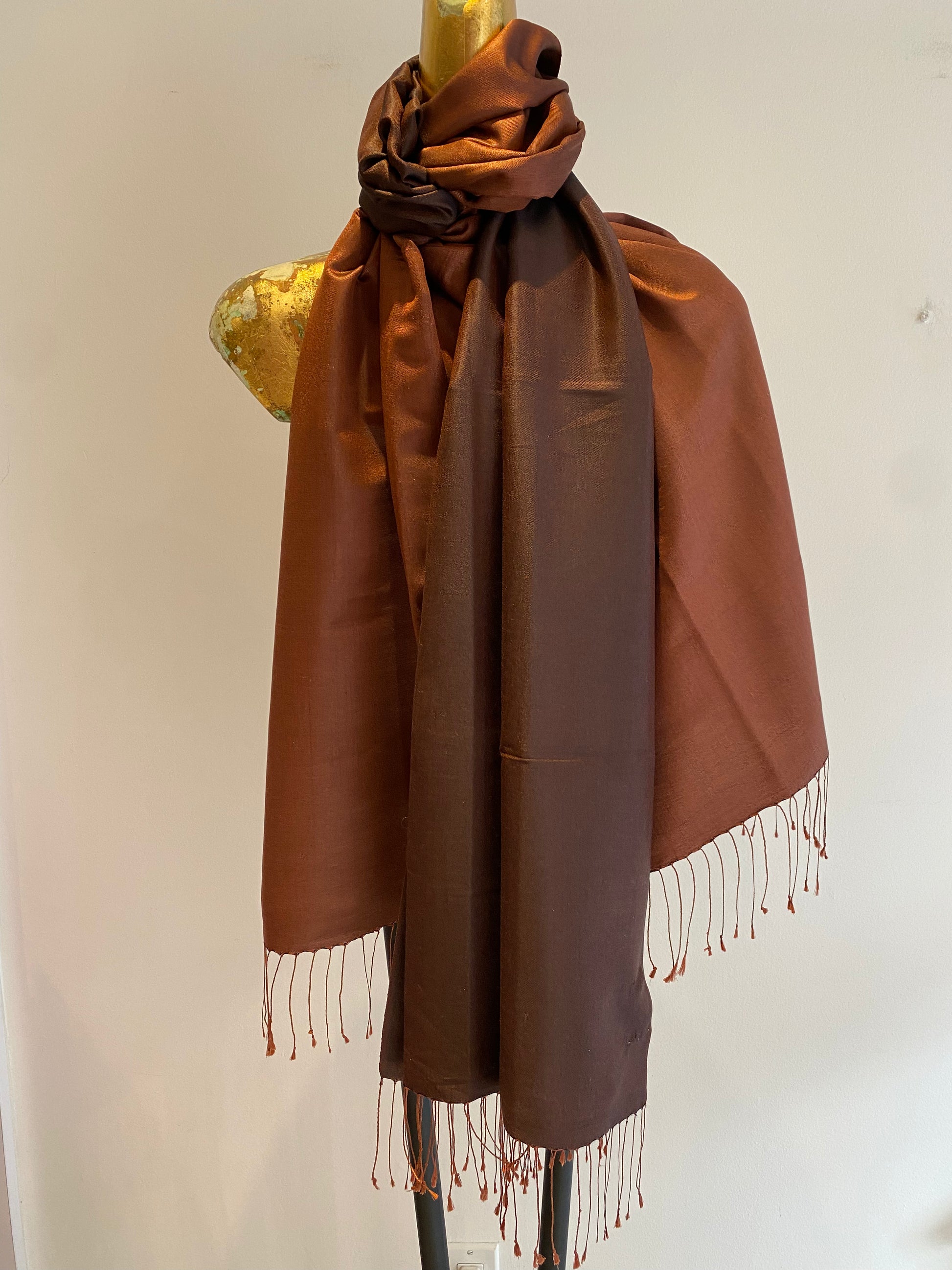 Silk two tone scarf edge detail with contrasting colors and fringe