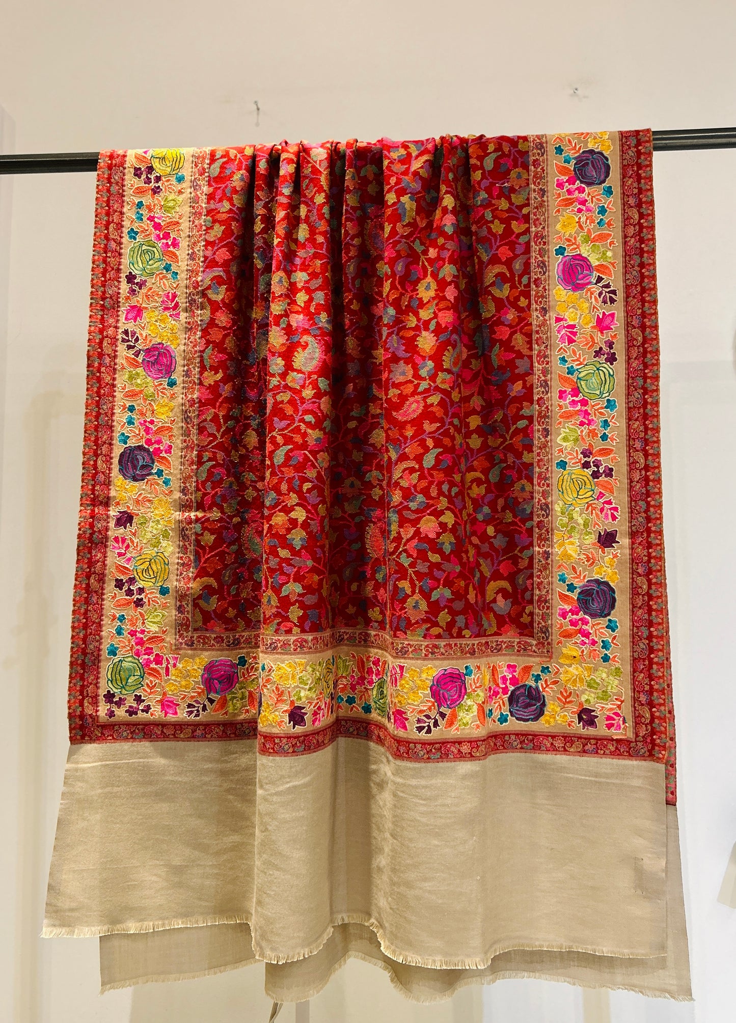 Incredible hand weaving and hand embroidery on this beautiful shawl