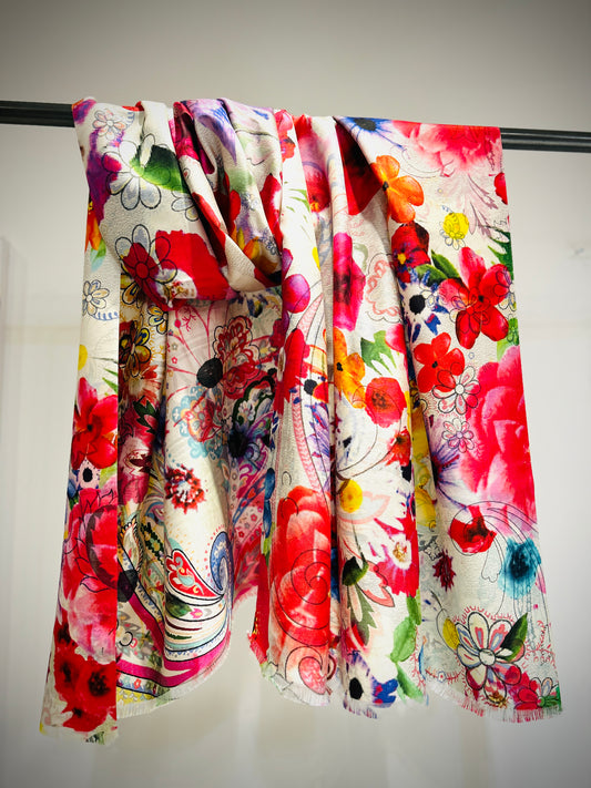  Close-up of double sided silk scarf showing contrasting patterns on each side