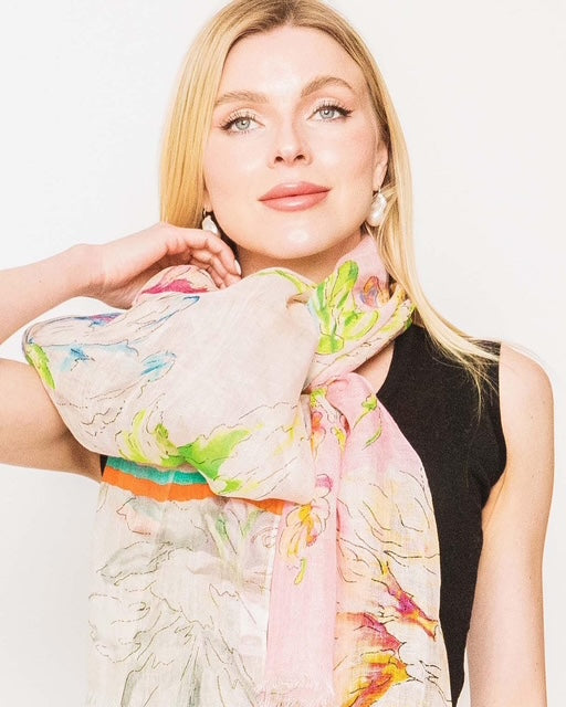 Close-up of woven linen scarf delicate print detail