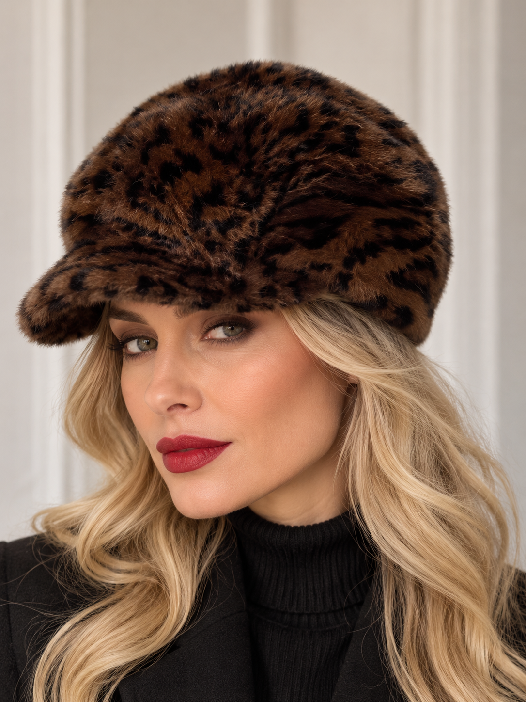 Model wears faux fur hat in leopard print