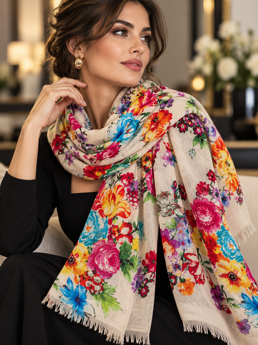 A woman wearing a black outfit and a large cream-colored scarf with a vibrant multicolor floral print, posed in a softly lit indoor setting.