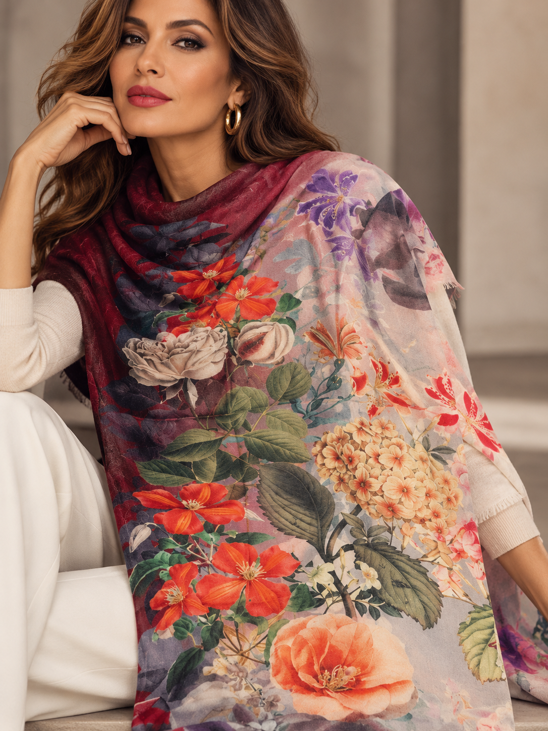 A woman wearing a lightweight floral shawl draped over her shoulders, featuring a vibrant print of red, orange, and cream flowers with green leaves on a sheer mauve and purple base. She is wearing white pants and white sleeves, and has on gold hoop earrings.