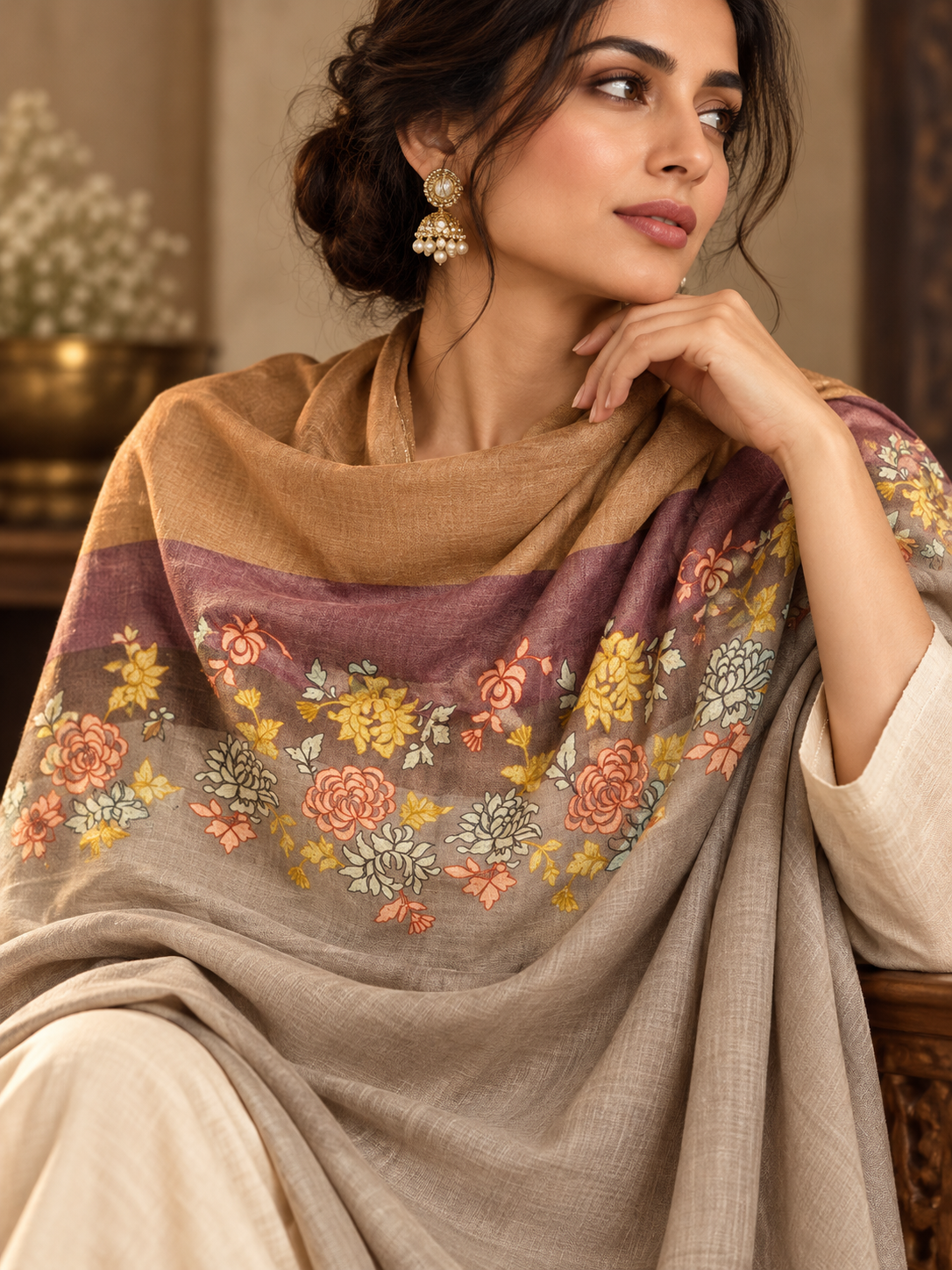 Wool shawl in early tones worn by model