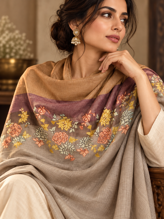 Wool shawl in early tones worn by model