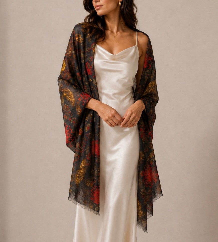 Fine wool scarf draped on model