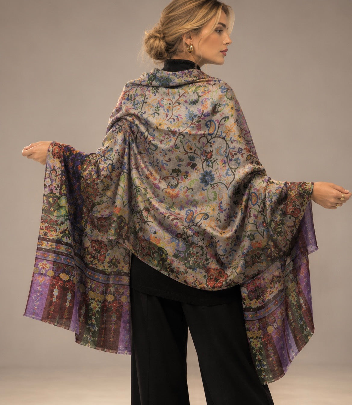 A gorgeous cashmere shawl handwoven with beautiful shades
