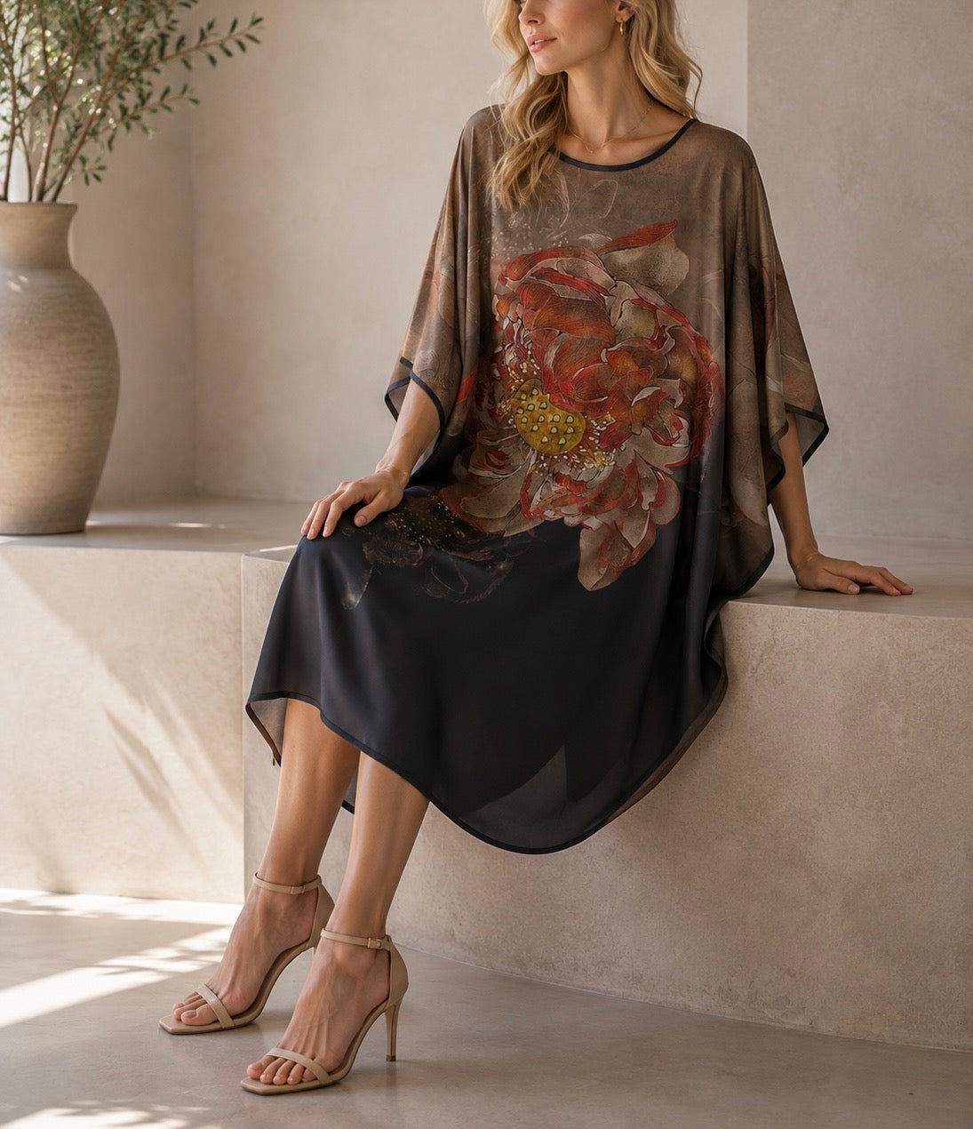 Silk tunic floral and beige on black