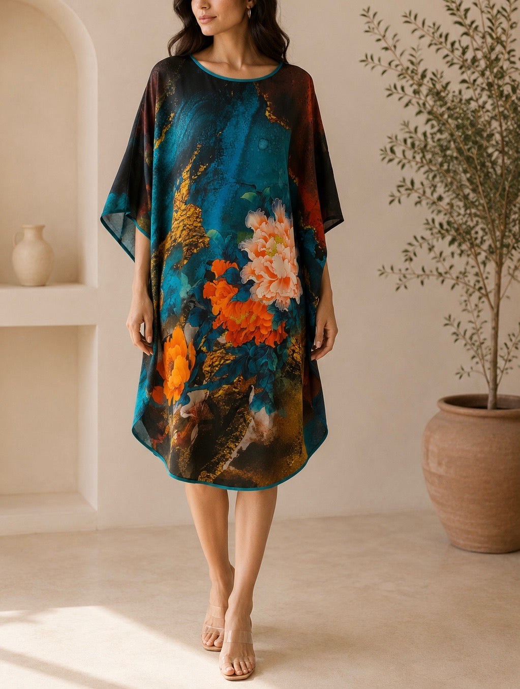 Silk tunic with colourful floral pattern