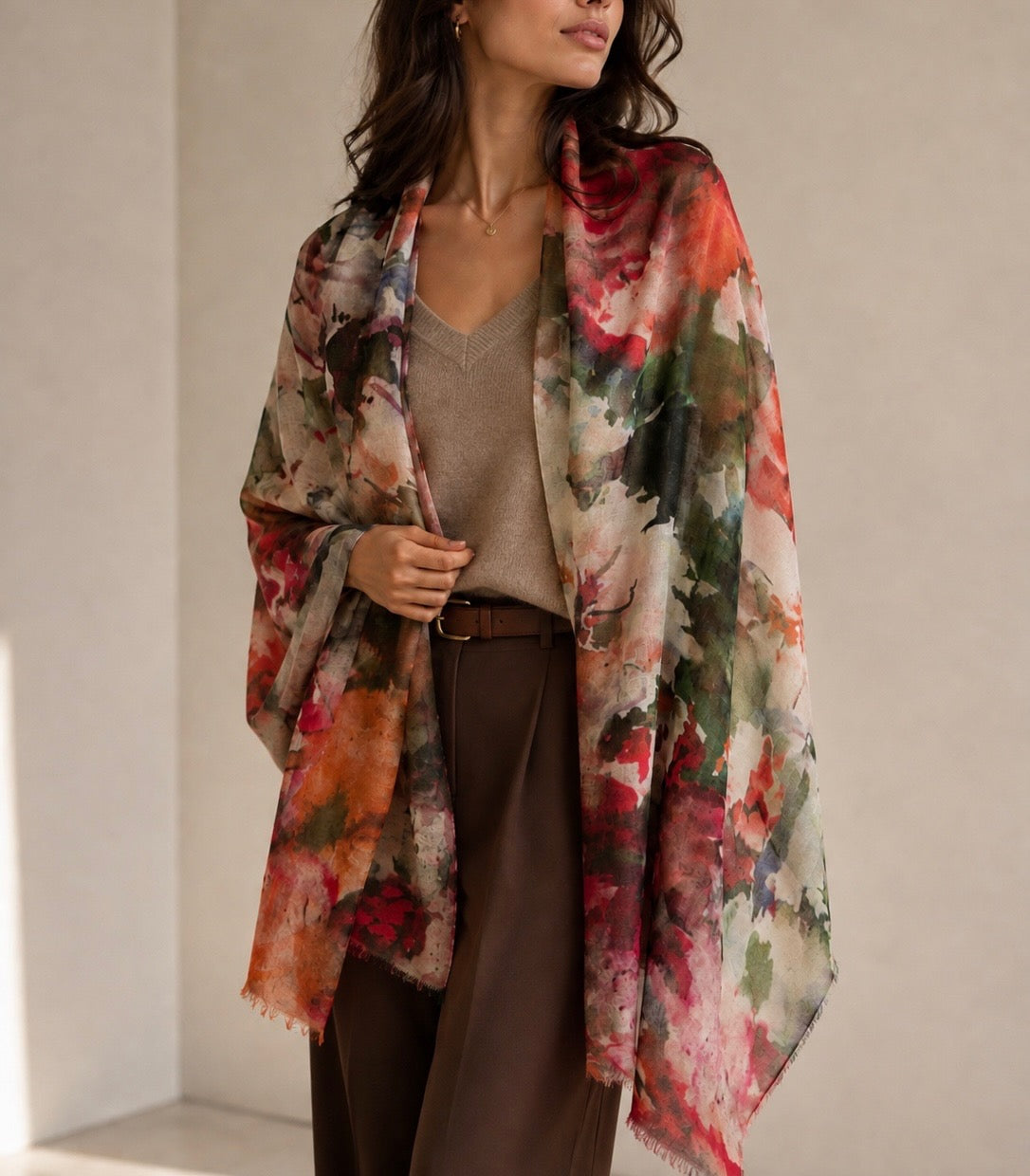 Floral fine wool scarf
