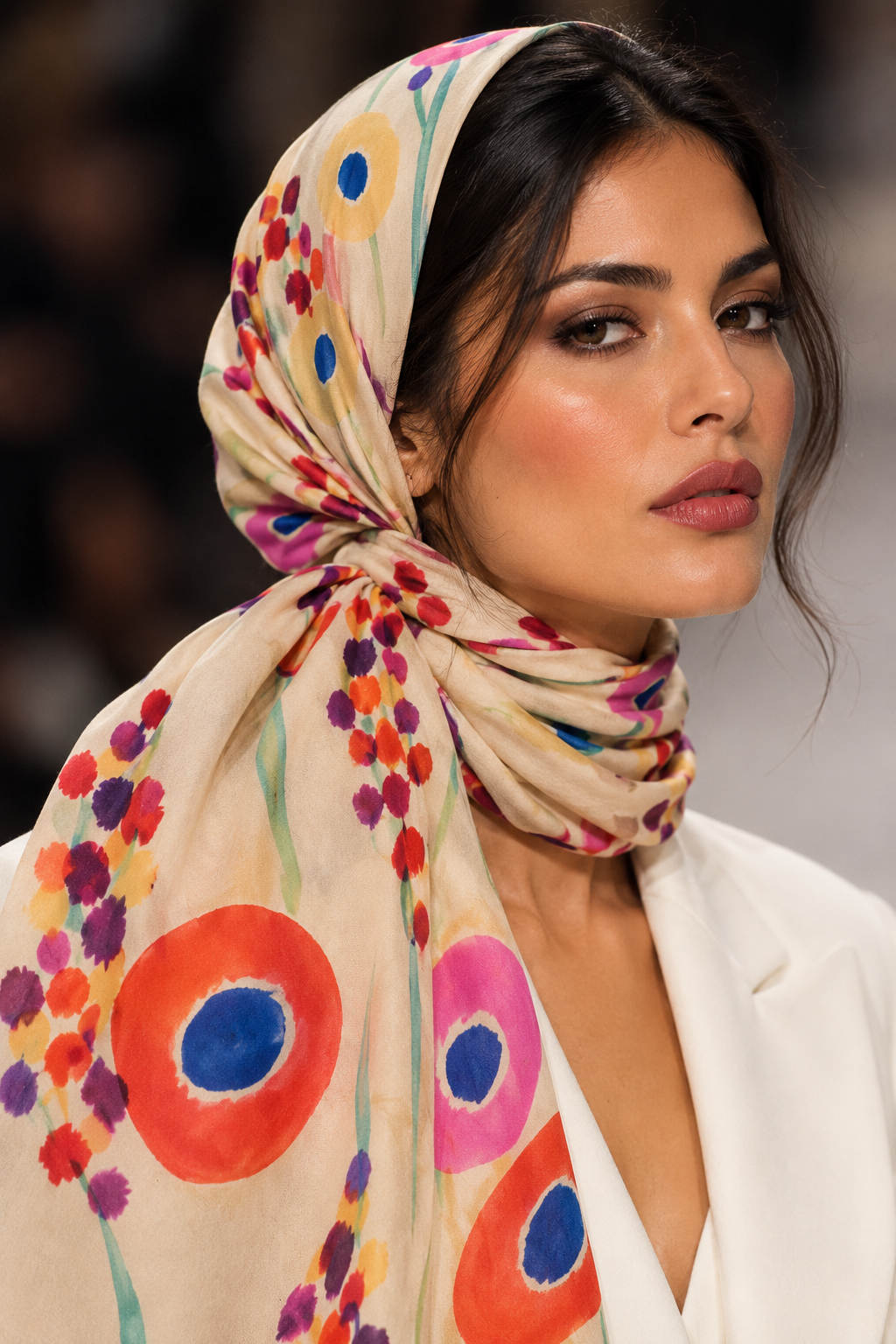 Model wears a beautiful colourful cashmere scarf