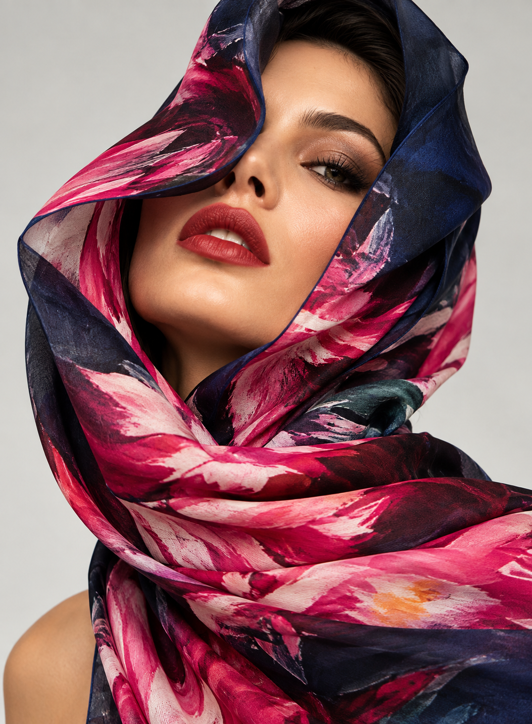 A close-up of a model wearing a lightweight, sheer scarf with a vibrant floral print in pink, magenta, and navy blue, styled to cover her face and hair against a neutral gray background.