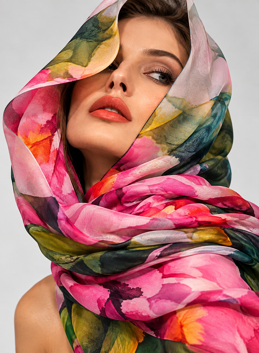 Cotton floral scarf tied around model