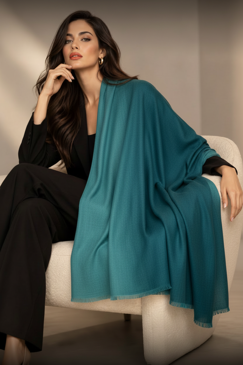 A woman seated on a cream armchair wearing a black outfit and draped in a teal shawl or wrap, photographed in a softly lit indoor setting.