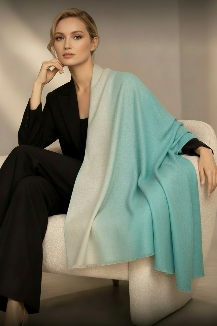 A woman seated on a white armchair wearing a black outfit with a large draped shawl in soft mint green and pale blush tones, photographed in a softly lit studio setting.