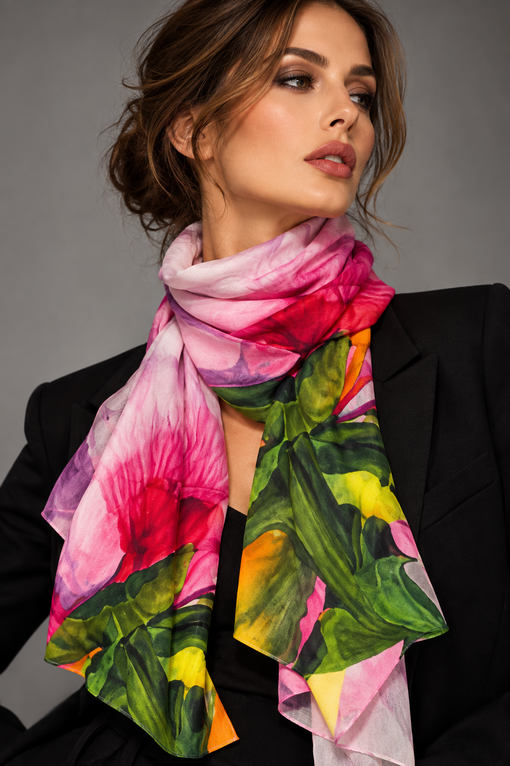 A woman wearing a vibrant tropical floral print silk scarf with pink flowers and green leaves, styled over a black blazer against a neutral gray background.