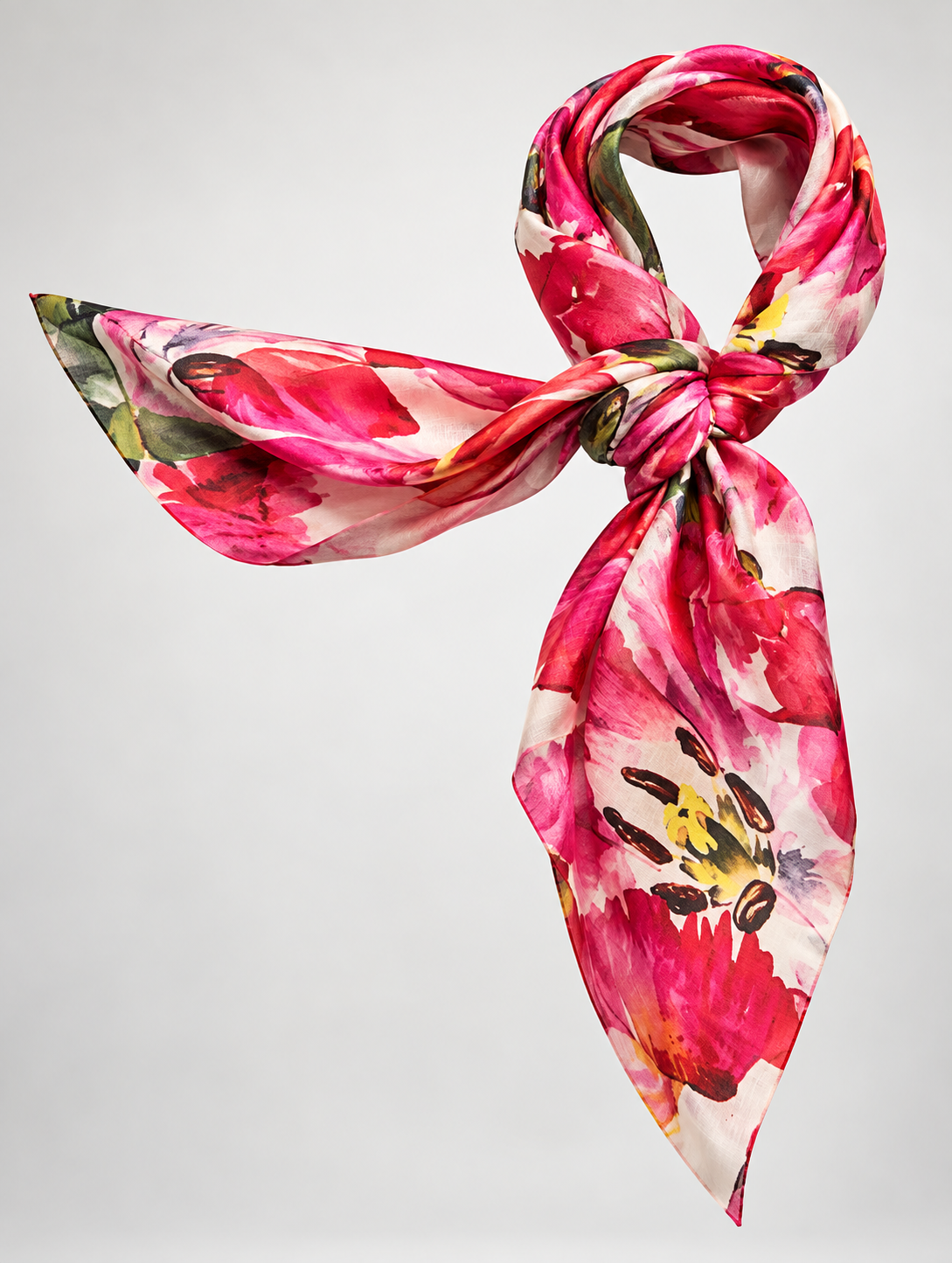 A lightweight silk scarf featuring a vibrant watercolor floral print in pink, red, and white with green and yellow accents, styled in a knot against a neutral light gray background.