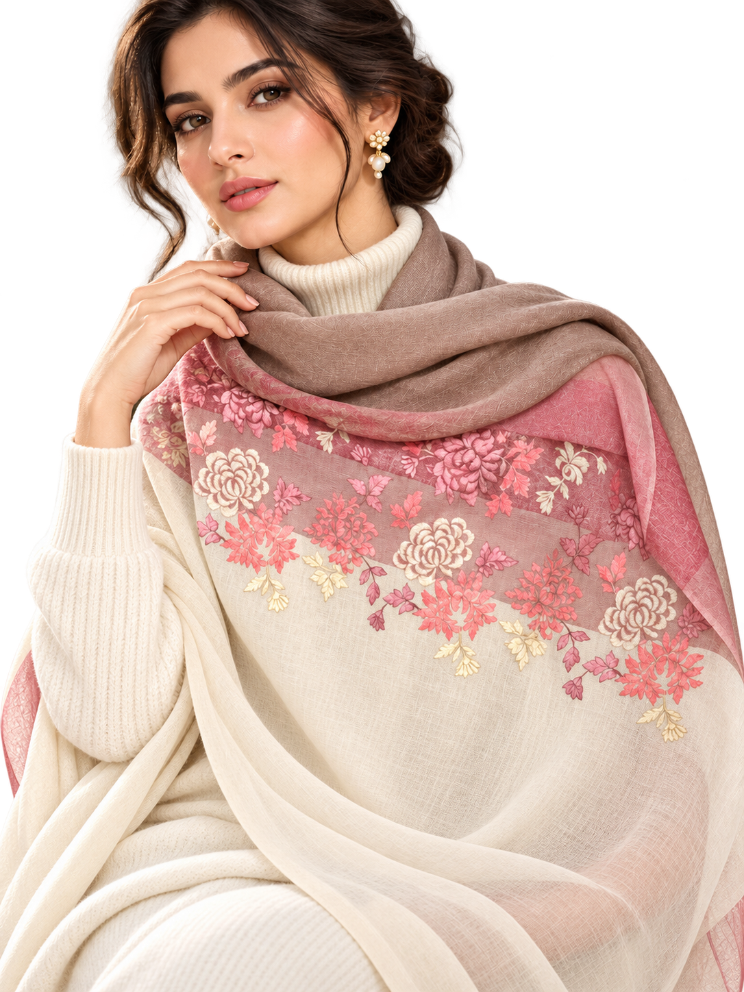 A beautiful floral shawl worn by model