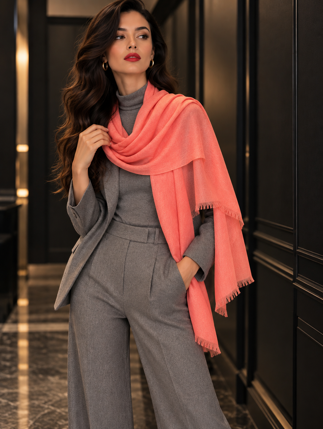 A woman wearing a gray tailored suit with a matching gray turtleneck and a bright coral-pink fringed scarf, standing in a dark hallway.
